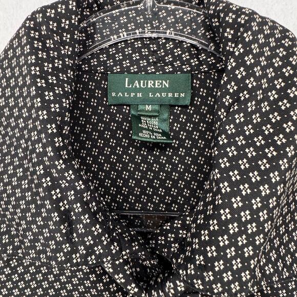 Lauren Ralph Lauren 100% Silk Blouse Black White Geometric Print Belted M - Picture 8 of 8